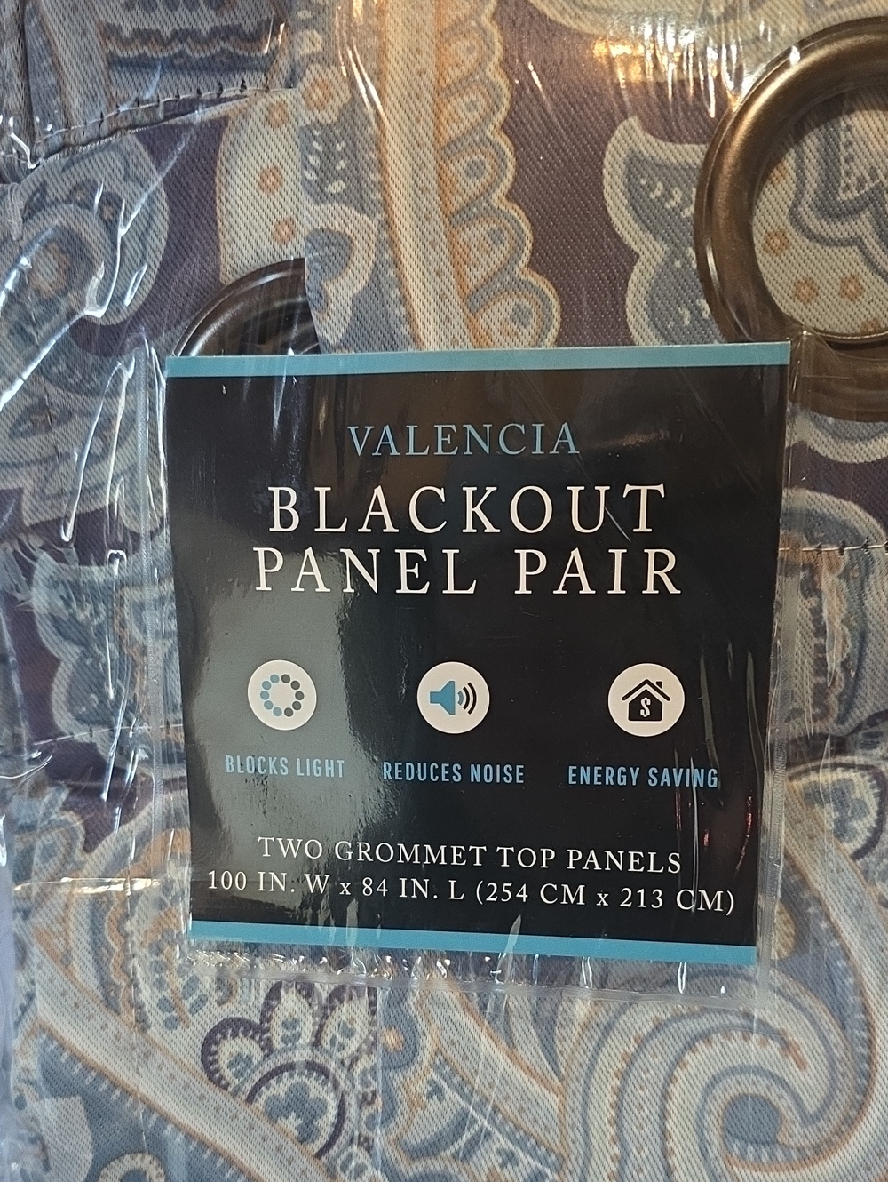 Valencia NEW Pair Blackout Curtain Panels Grommets Paisley Blue Beige 100x84 - Picture 3 of 7